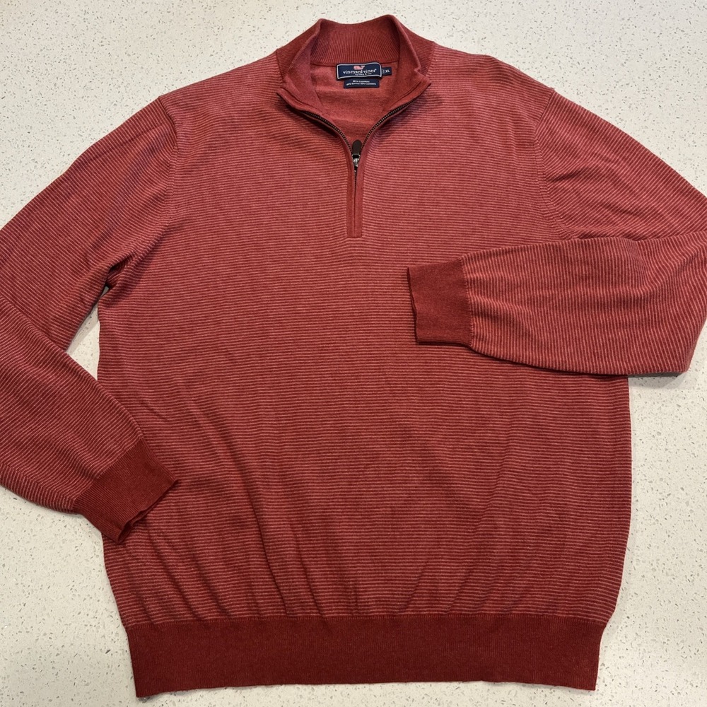 Vineyard Vines Sweater Mens Extra Large Red Quarter‎ Zip Cotton Cashmere Striped